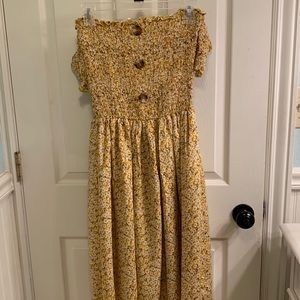 Shein Mustard, floral, off the shoulder summer dress.